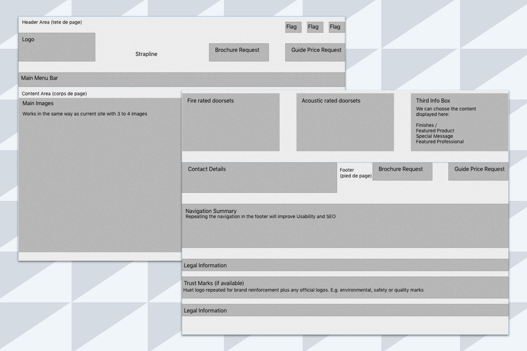 Image of an early wireframe for the website presented on a tablet. Behind the tablet is an office hallway.