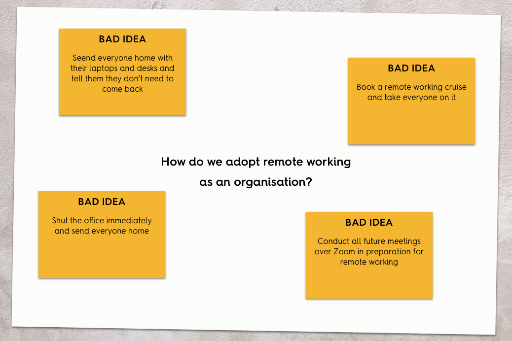 An example of Bad Idea Brainstorming with ideas listed out on a piece of paper