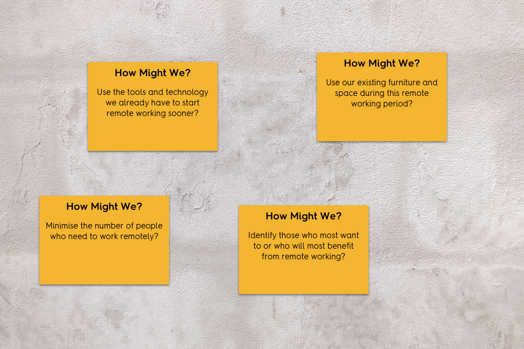 An image of four example How Might We questions, each on a sticky note.