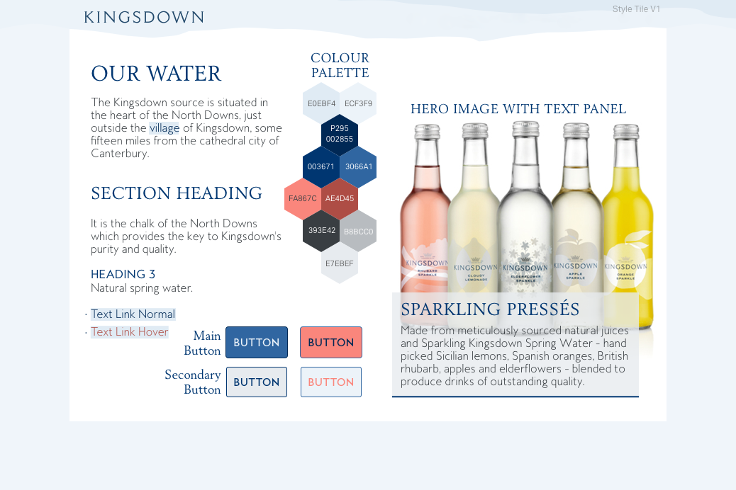 A collection of colours (mostly blue) and typefaces inspired by Kingsdown Water and their new product line.
