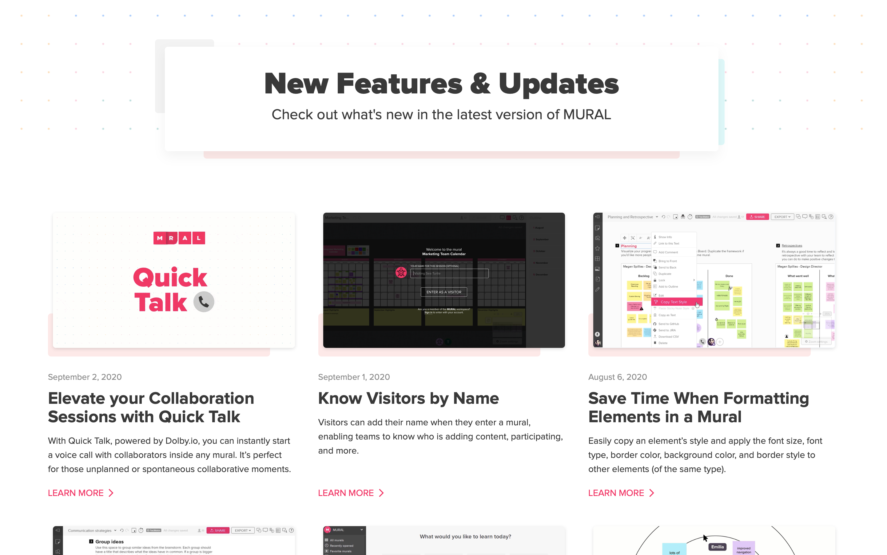 A screenshot of the New Features and Updates page from Mural's website