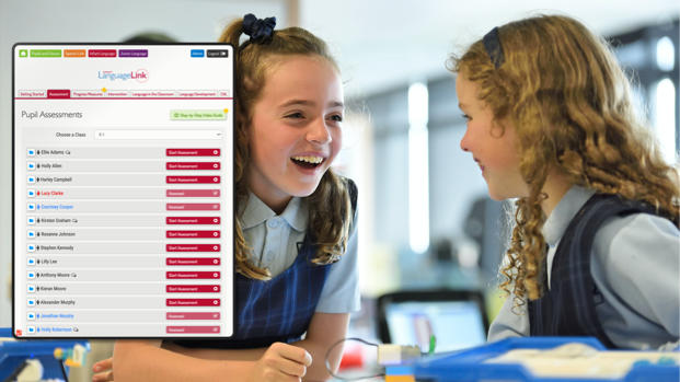 Two young girls take part in a speech therapy session. A tablet at the left of the photo shows the Speech Link web interface.